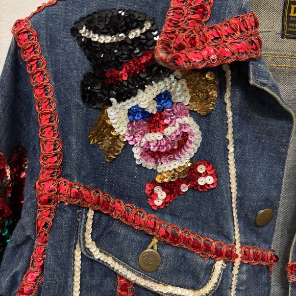 Vintage Custom Bedazzled Sequin Denim Jacket 70s Lee Clown Vegas Carnival Womens - Picture 2 of 15